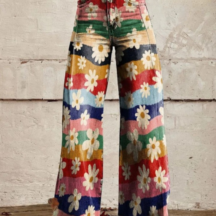 Trendy retroblomsterbukser med vidde og høj talje – Mirella