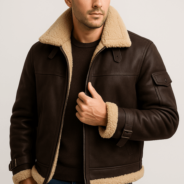 Dunkelbraune Lederjacke mit hellem Teddyfutter am Kragen, dunklem Pullover darunter, Model greift an den offenen Reißverschluss. 2