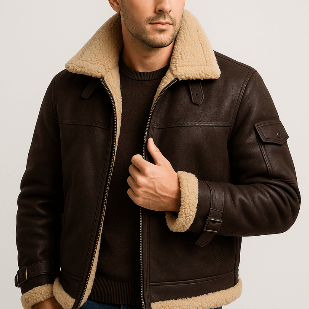 Dunkelbraune Lederjacke mit Fellkragen und Schulterriemen, Ärmeltasche mit Knopf und gefütterter Manschette, dazu dunkler Strickpullover. 8