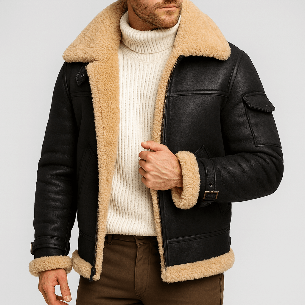 Schwarze Lederjacke mit üppigem hellem Fellkragen und Fellsaum, getragen mit cremefarbenem Rollkragenpullover und brauner Hose. 4