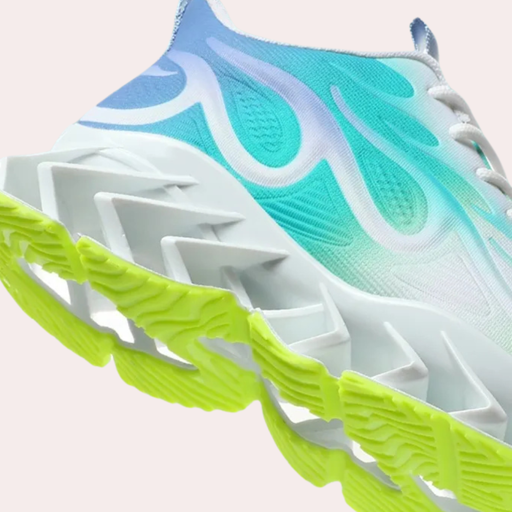 Damen-Laufschuh, blau-weiß, grüne Sohle, atmungsaktiv, rutschfest, modisches Design.
