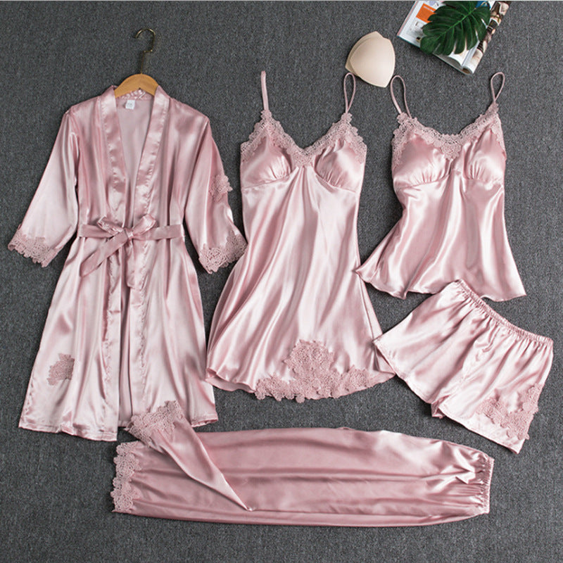 5-piece satin sleep set with lace for women – Liora
