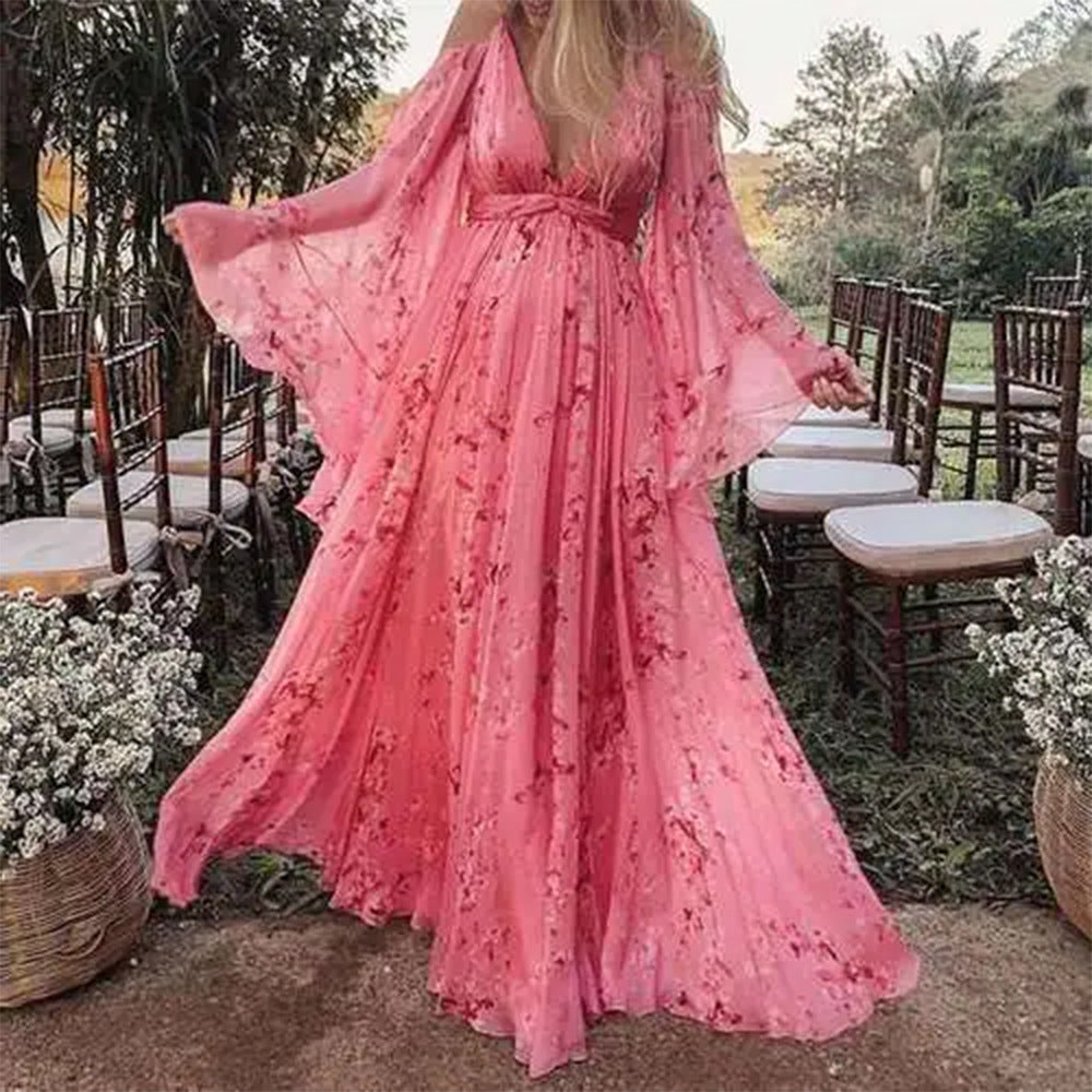 Stylish pink chiffon dress with flared sleeves - Isabelle