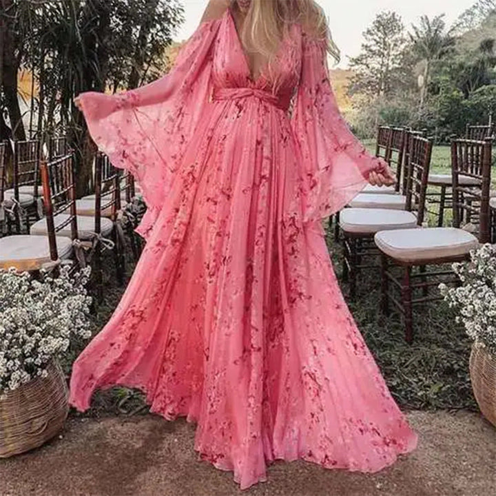 Stylish pink chiffon dress with flared sleeves - Isabelle