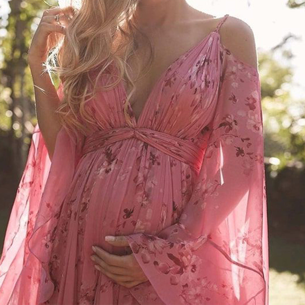 Stylish pink chiffon dress with flared sleeves - Isabelle