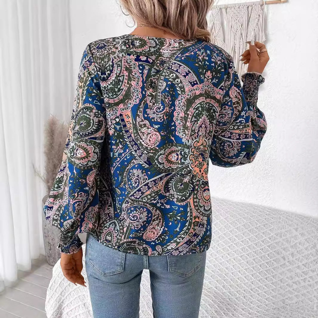 Blumenprint Damenbluse mit V-Ausschnitt & Laternenärmeln – Malina