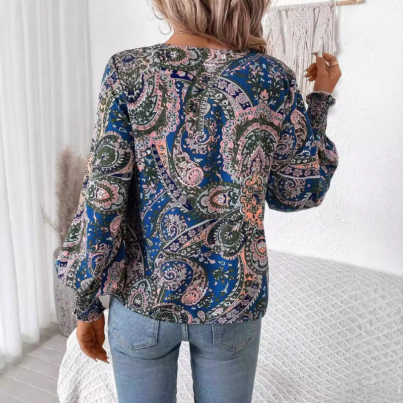 Blumenprint Damenbluse mit V-Ausschnitt & Laternenärmeln – Malina