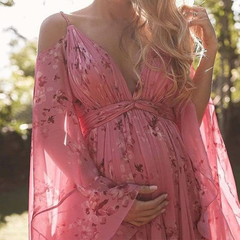 Stylish pink chiffon dress with flared sleeves - Isabelle