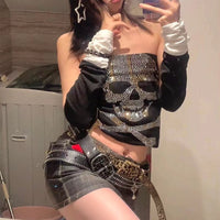 Black Women's Top with Rhinestone Skeleton Design – Liora