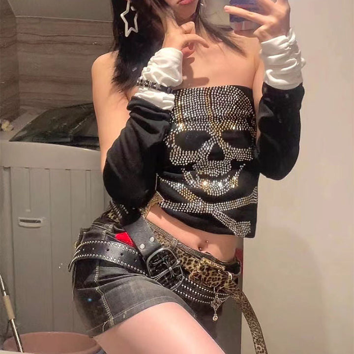Black Women's Top with Rhinestone Skeleton Design – Liora