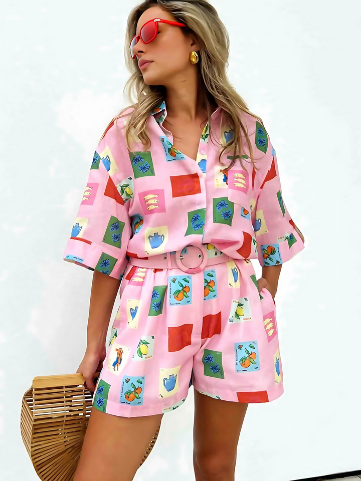 Trendy summer combo of colorful blouse and shorts - SonneSet