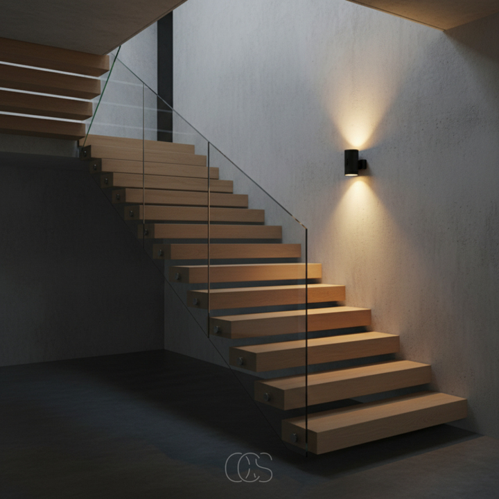 Schwarze Wandlampe leuchtet neben einer frei tragenden Holztreppe mit Glasgeländer und spendet warmes Orientierungslicht an der Betonwand. 4