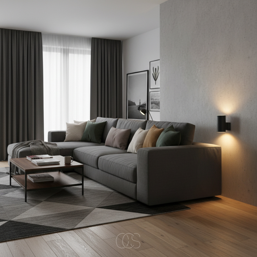 Schwarze Wandlampe an einer Betonwand neben einem grauen Ecksofa im Wohnzimmer taucht die Ecke in warmes, gedimmtes Licht. 8