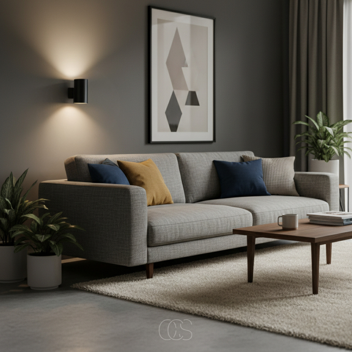 Schwarze Wandlampe über einem grauen Sofa im Wohnzimmer sorgt mit zwei warmen Lichtkegeln für gemütliche Abendstimmung. 6