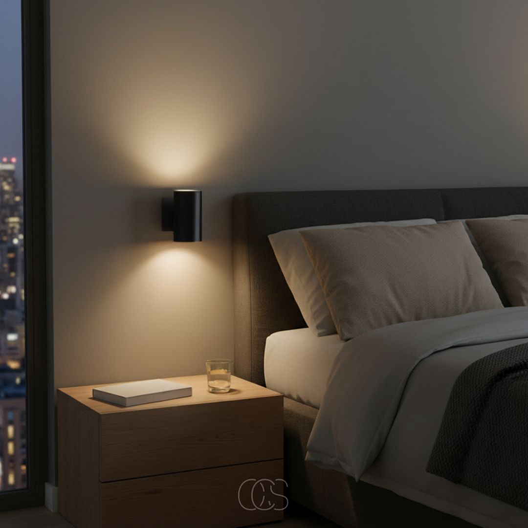 Schwarze Nachtlampe an der Schlafzimmerwand über einem Holznachttisch mit Buch und Glas spendet sanftes warmes Licht neben dem Bett. 7
