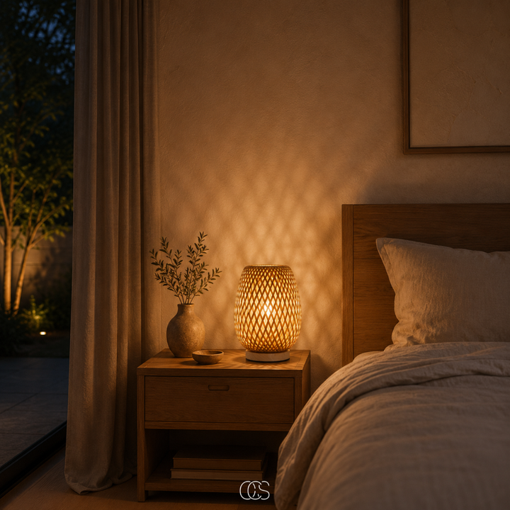 Leuchtende Bambuslampe auf einem Holz-Nachttisch neben einem Bett mit Leinenbettwäsche, daneben eine kleine Vase mit Zweigen. 3