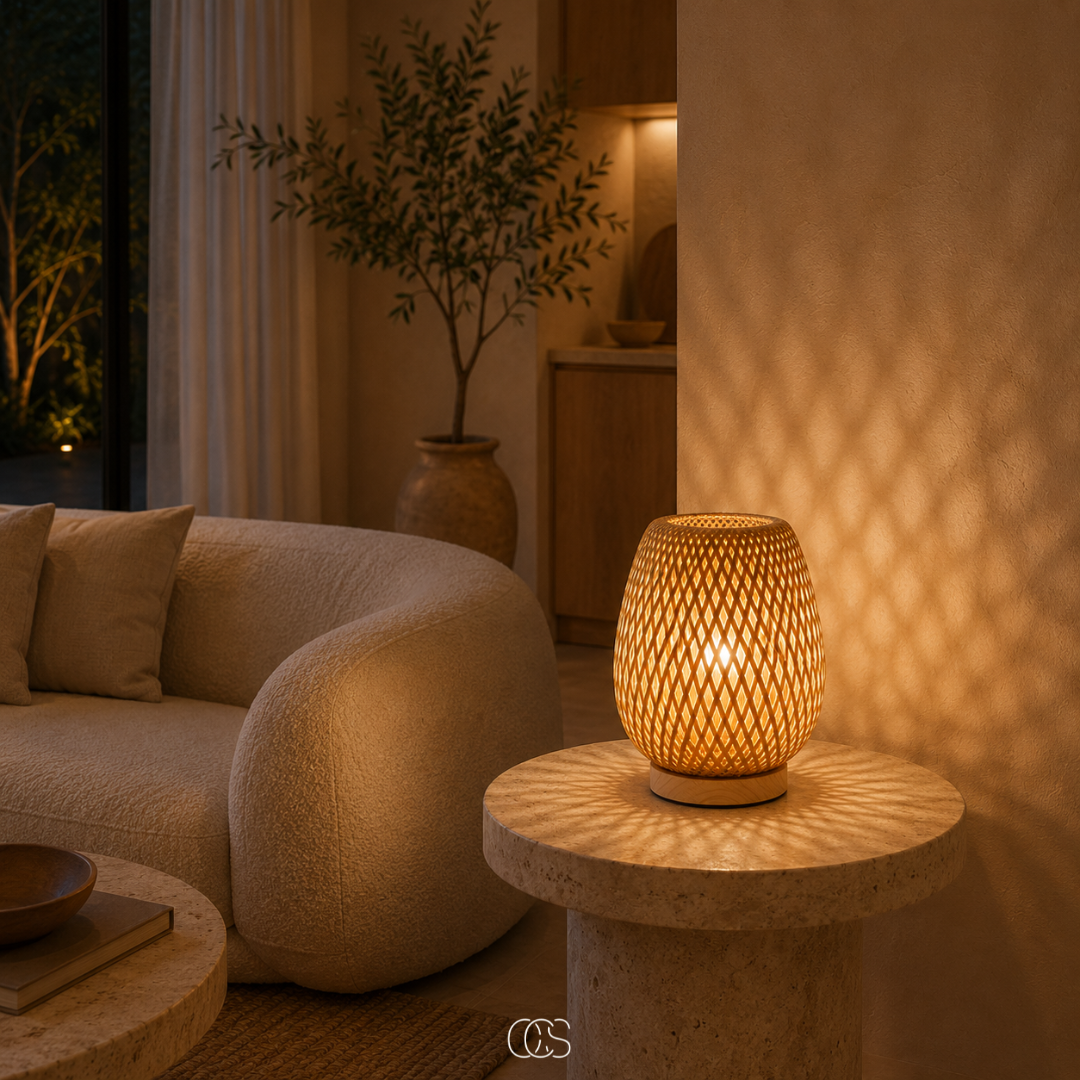 Leuchtende Bambuslampe auf einem runden Steinbeistelltisch im Wohnzimmer, im Hintergrund ein Sofa und ein Olivenbaum im Topf. 4