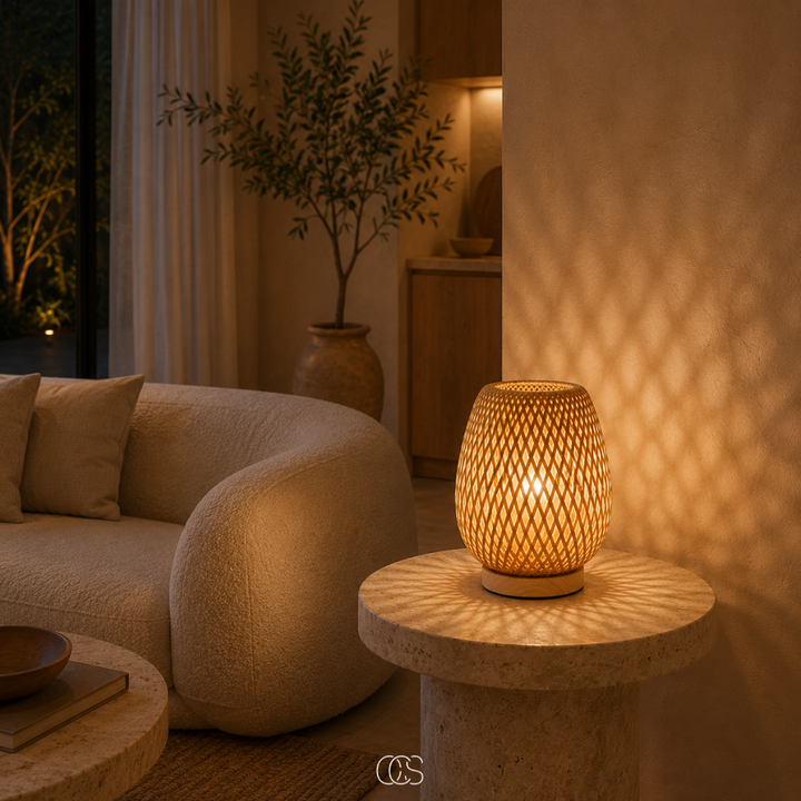 Leuchtende Bambuslampe auf einem runden Steinbeistelltisch im Wohnzimmer, im Hintergrund ein Sofa und ein Olivenbaum im Topf. 4