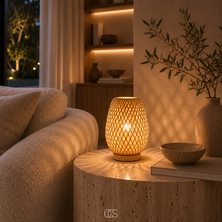 Leuchtende Bambuslampe auf einem runden Beistelltisch aus porösem Stein neben Buch, Schale und Vase, davor ein Bouclé-Sofa. 5