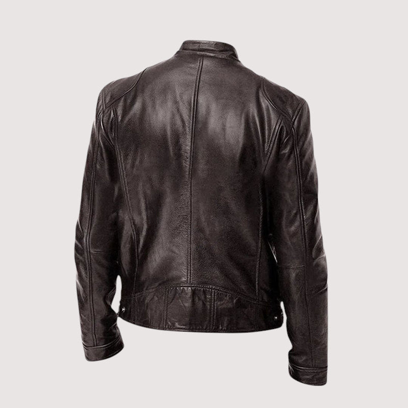 Dunkelbraune Lederjacke von hinten mit Rückennähten und seitlichen Druckknöpfen am Bund 7