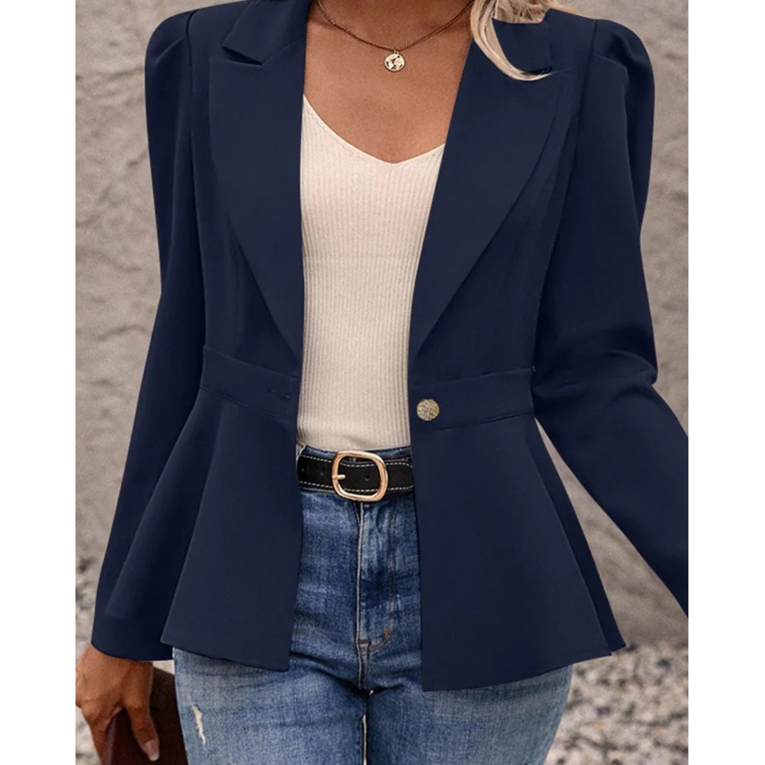 Ensfarvet dameblazer med ribbet krave – Liana