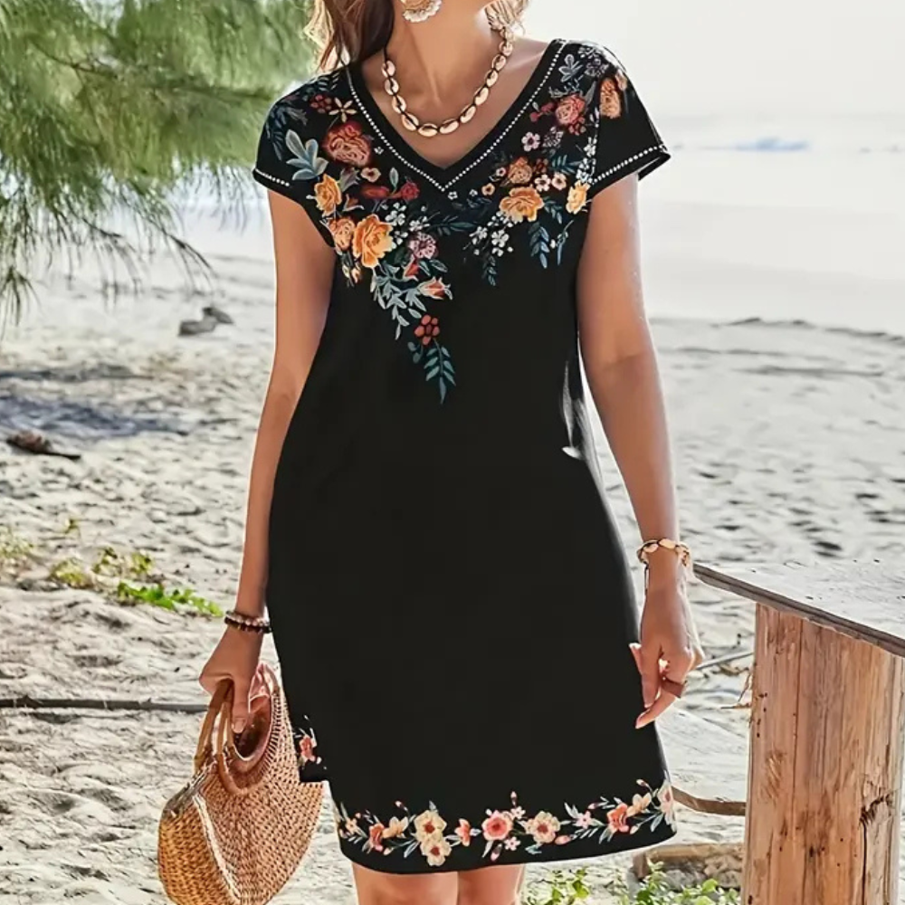 Schwarzes Sommerkleid mit Blumenmuster, V-Ausschnitt, Strand, Damenmode, elegant.