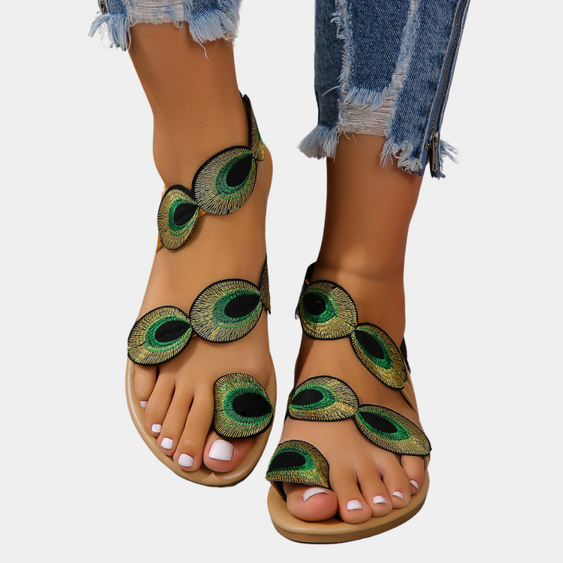 Damen Sandalen mit Pfauenfeder-Design, grün-gold, offenes Zehenmodell, Sommermode.