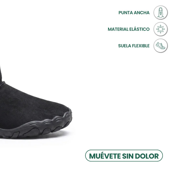 Schwarze Stiefelspitze mit breiter Zehenbox und flexibler Sohle, dazu Symbole zu Passform und Material 14