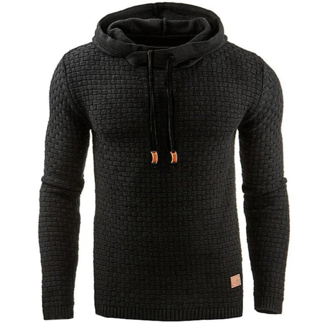 Schwarzer Strickpullover mit Kapuze, Herrenmode, warm, stilvoll, Winterkleidung, Baumwolle.