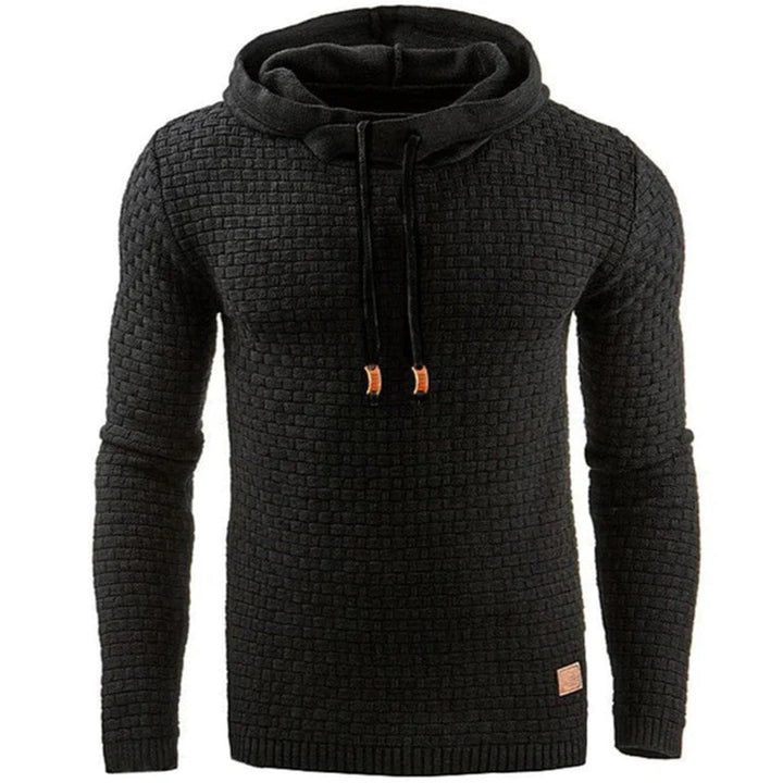 Schwarzer Strickpullover mit Kapuze, Herrenmode, warm, stilvoll, Winterkleidung, Baumwolle.
