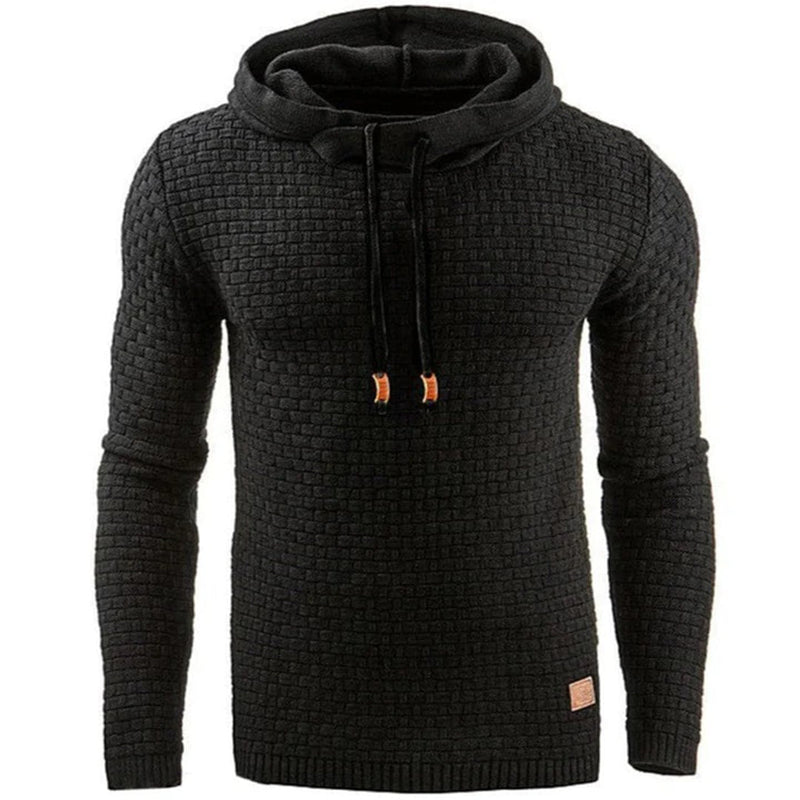 Schwarzer Strickpullover mit Kapuze, Herrenmode, warm, stilvoll, Winterkleidung, Baumwolle.
