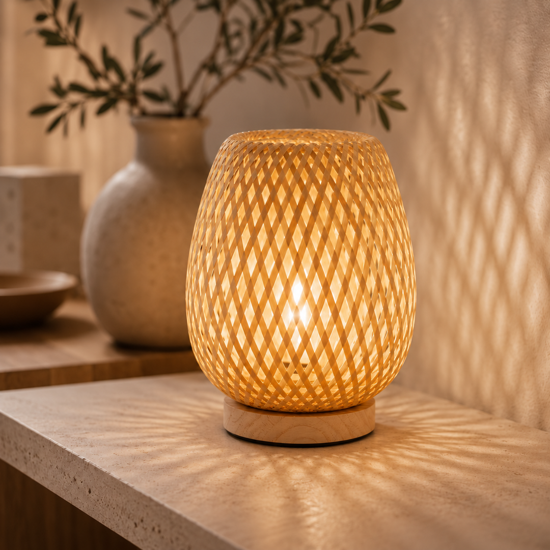 Leuchtende Lampe mit geflochtenem Bambusschirm auf rundem Holzfuß, Nahaufnahme auf einem Steinregal neben einer Keramikvase mit Zweigen. 1
