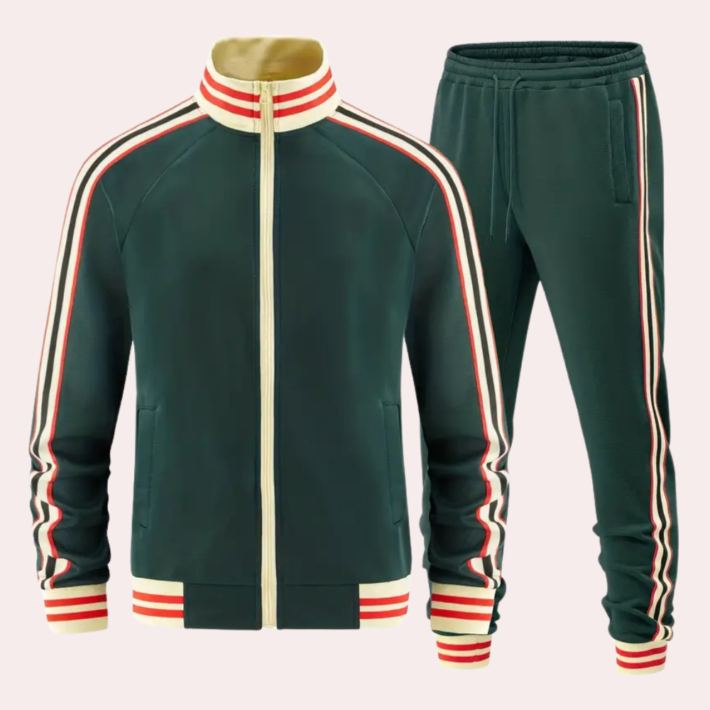 Dunkelgrüner Trainingsanzug mit Streifen, Reißverschlussjacke und Jogginghose, Sportbekleidung.
