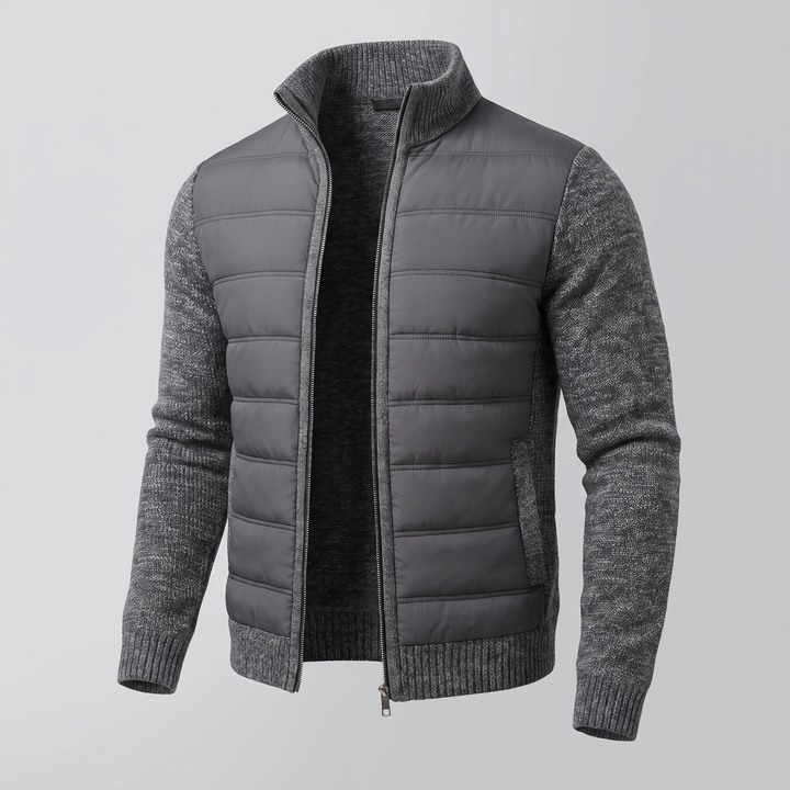 Dunkelgraue Steppjacke mit melierten Strickärmeln und schwarzem Innenfutter, schräg von vorn bei offenem Reißverschluss 2