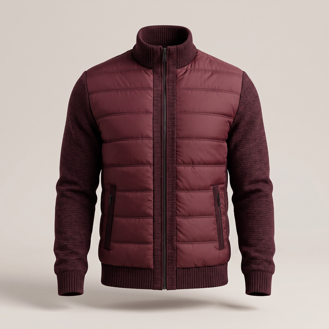 Weinrote Steppjacke mit geschlossenem Reißverschluss, Strickärmeln, Stehkragen und seitlichen Reißverschlusstaschen in der 5