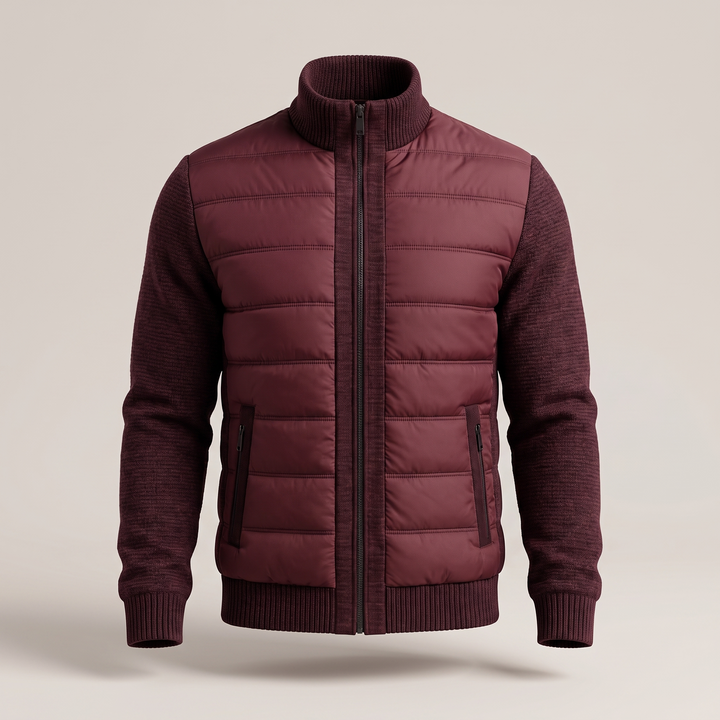 Weinrote Steppjacke mit geschlossenem Reißverschluss, Strickärmeln, Stehkragen und seitlichen Reißverschlusstaschen in der 5