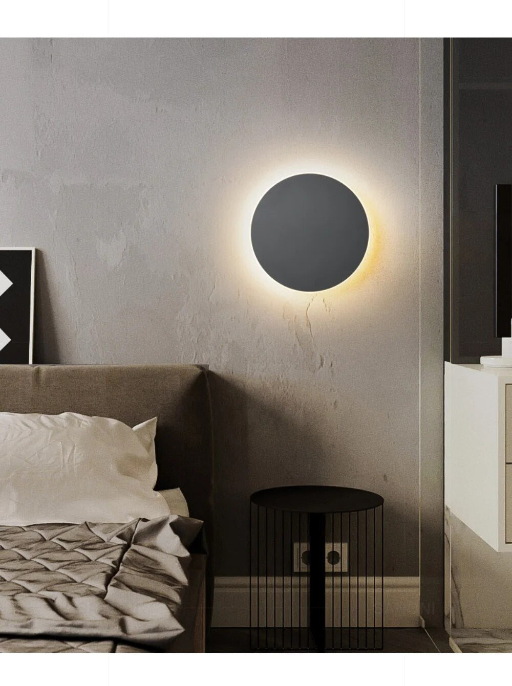 Minimalistische energiesparende Wandleuchte, rund, schwarz, modernes Design, Schlafzimmerbeleuchtung.
