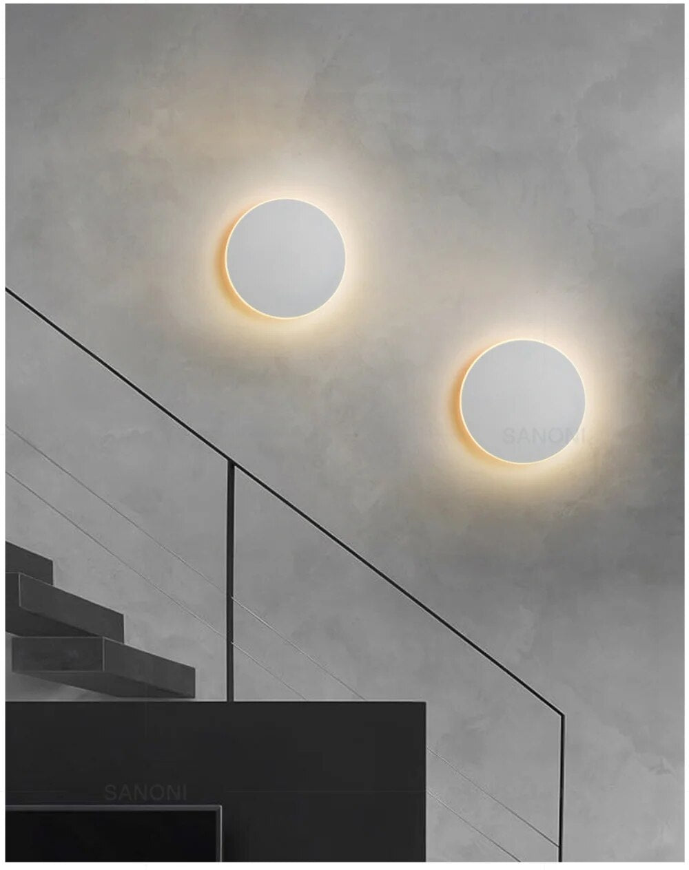 Minimalistische, energiesparende runde Wandleuchte, LED, modern, warmweiß, Innenbeleuchtung.