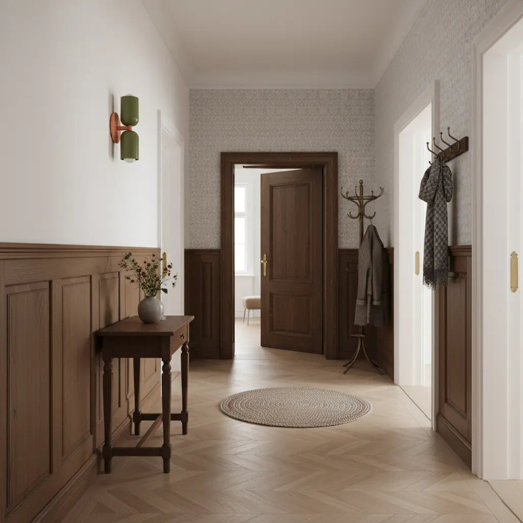 Wandlampe mit zwei grünen Schirmen und lachsfarbenem Arm in einem Flur mit Holzvertäfelung, Konsolentisch, Garderobe und Fischgrätparkett. 7