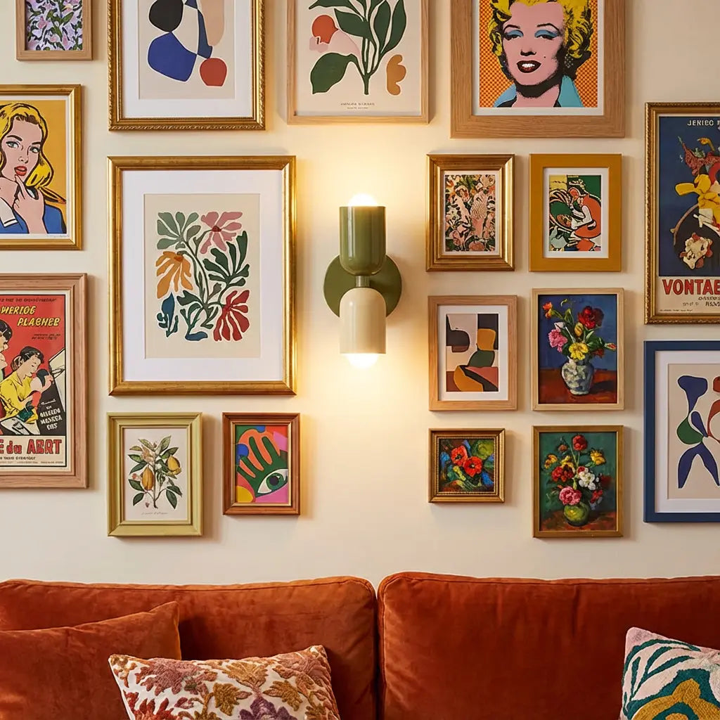 Wandlampe mit olivgrünem und cremefarbenem Schirm mitten in einer Bildergalerie mit Goldrahmen, darunter ein rostrotes Samtsofa mit Kissen. 6