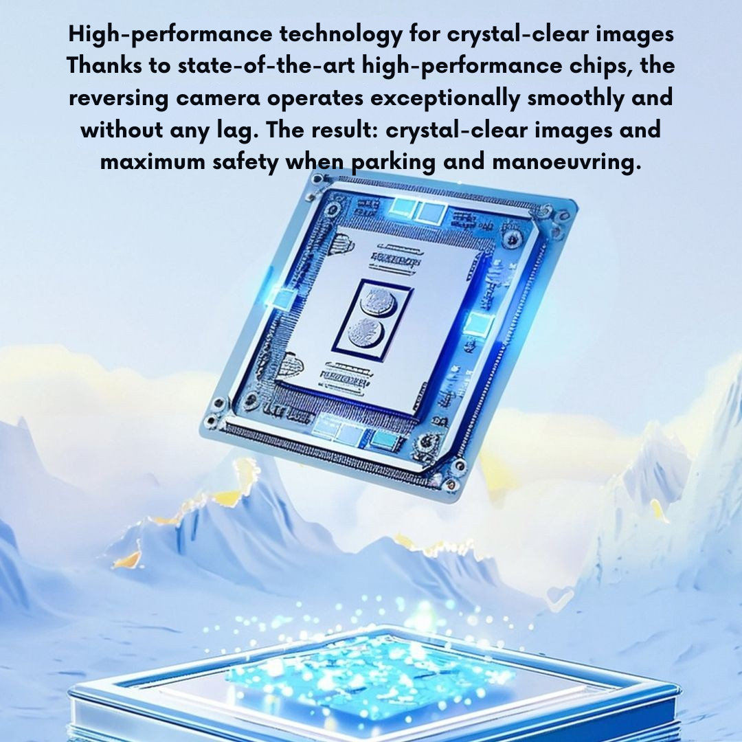 Illustration eines leuchtend blauen Hochleistungschips vor einer verschneiten Berglandschaft, der leistungsstarke Technik für klare Bilder darstellt. 4