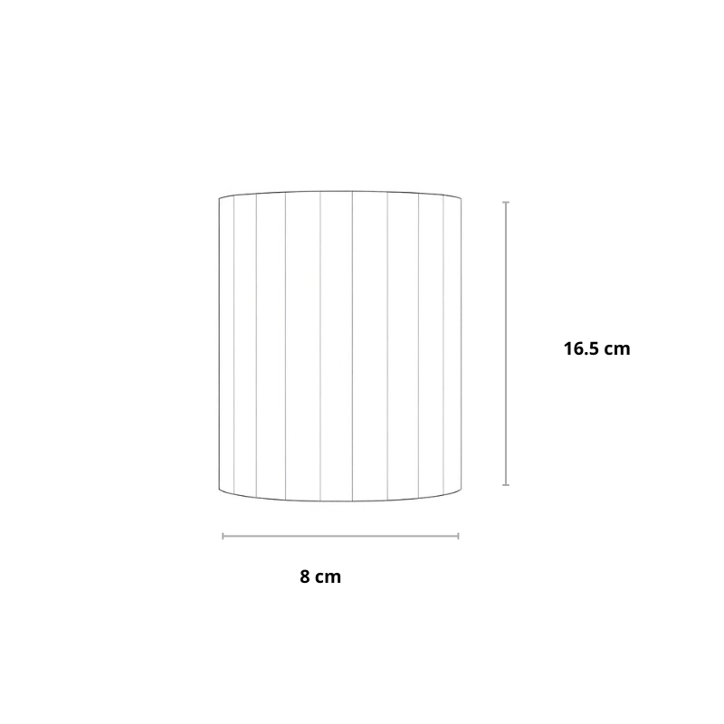Maßzeichnung der gerippten Wandlampe mit Höhe von 16,5 Zentimetern und Breite von 8 Zentimetern 15
