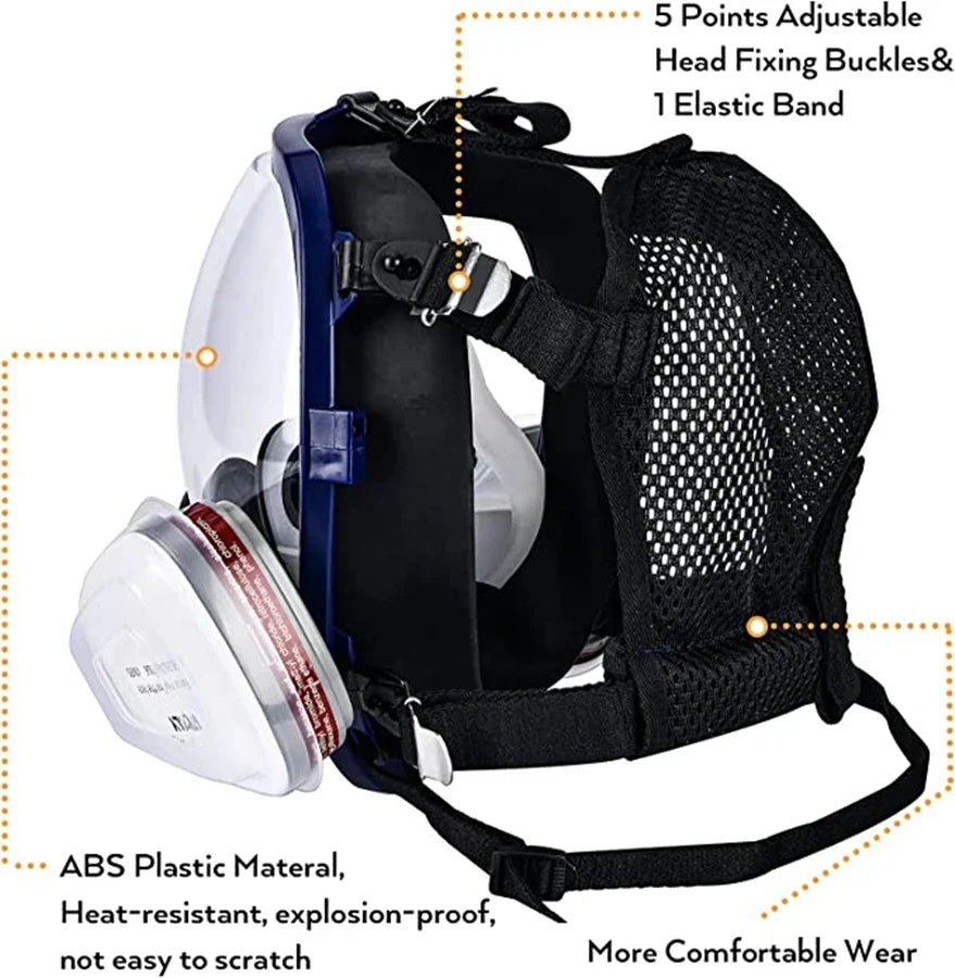 Full face mask with anti-fog lens and industrial gas filters