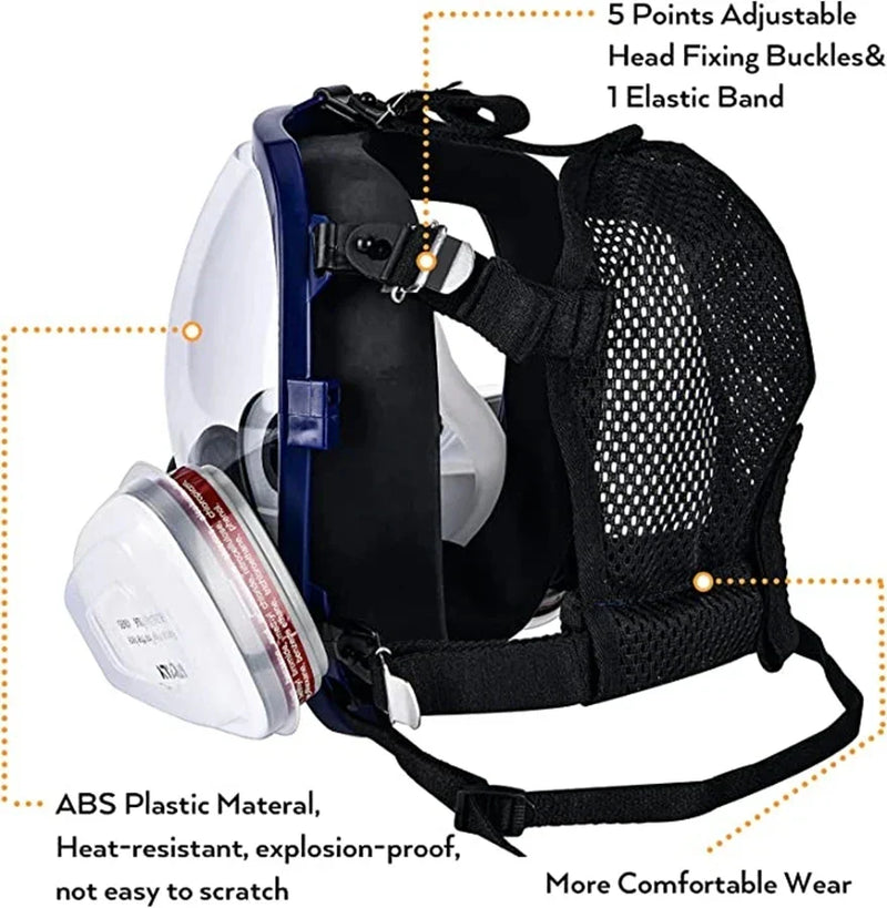 Full face mask with anti-fog lens and industrial gas filters