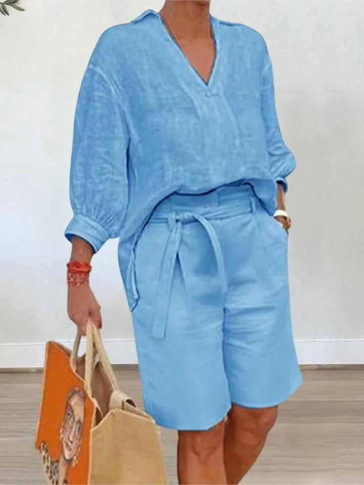 Airy & Stylish Two-Piece Linen Set with Blouse & Shorts for Women – Malea