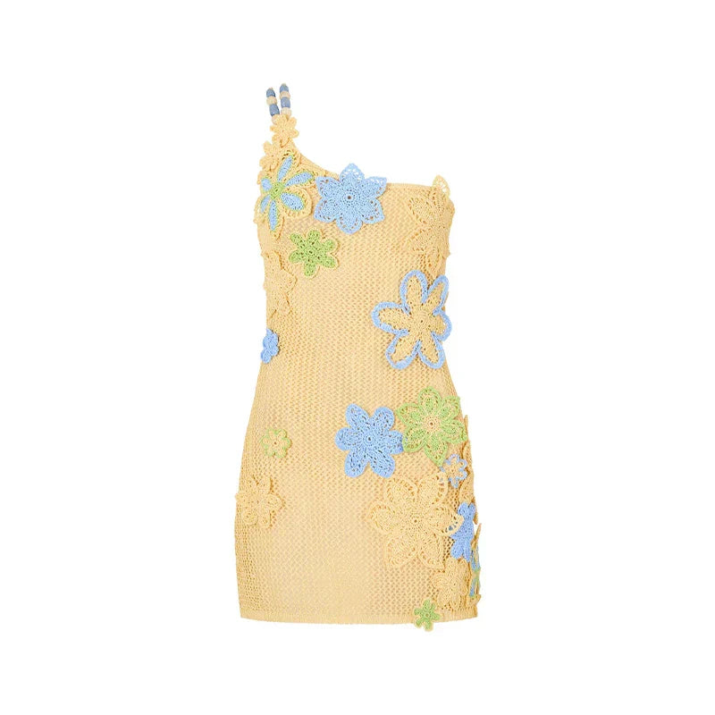 Yellow Crocheted Summer Mini Dress with Floral Embroidery for Women – Nari