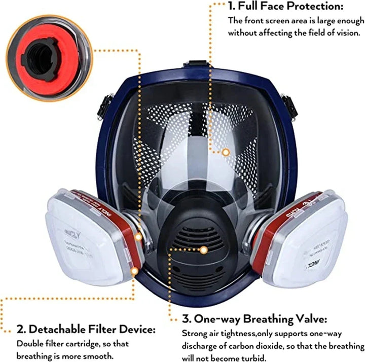 Full face mask with anti-fog lens and industrial gas filters