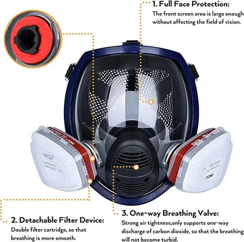 Full face mask with anti-fog lens and industrial gas filters