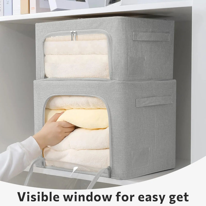 Stackable storage boxes made of linen fabric with clear window – Elara