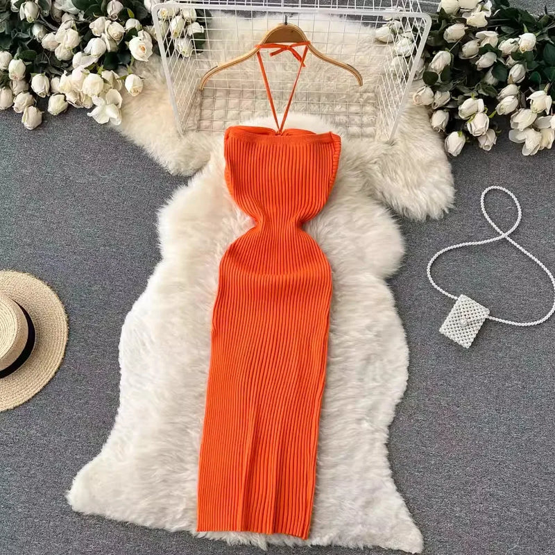 Trendy backless maxi knit dress with side slit for women (one size) – Liora